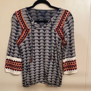 Lucky Brand Boho Blouse Small Embroidered Tribal Print Peasant Top
